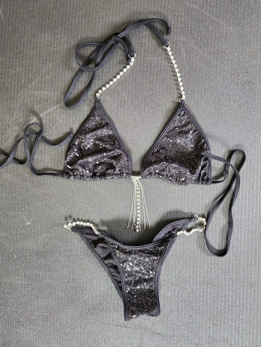 SHORE PRINCESS Black Sequin Rhinestone Jeweled Bikini w/Scrunch Bottoms